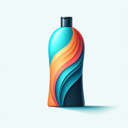 Illustration of a bottle of shampoo with a colorful pattern on a white backgroundのイラスト素材