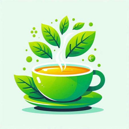Cup of tea with green leaves on a green background. Vector illustration.のイラスト素材