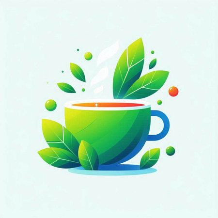 Green tea cup with green leaves and splashes. Vector illustration.のイラスト素材