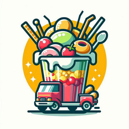 Vector illustration of ice cream truck with ice cream in bucket. Fast food concept.のイラスト素材