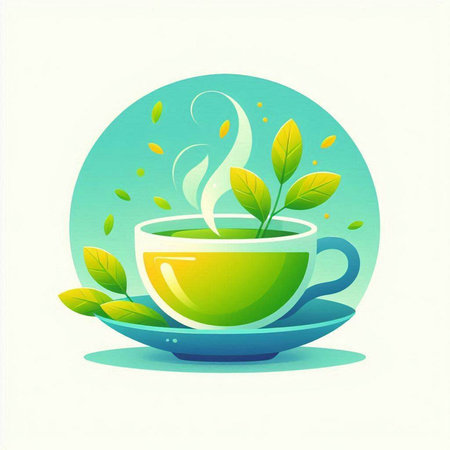 Cup of tea with green leaves on white background. Vector illustration.のイラスト素材
