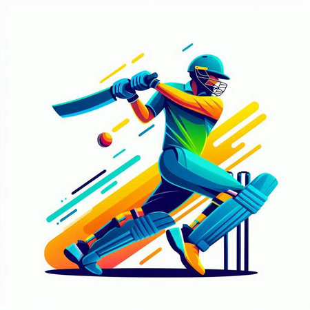 Cricket player in action with bat and ball, vector illustration.のイラスト素材