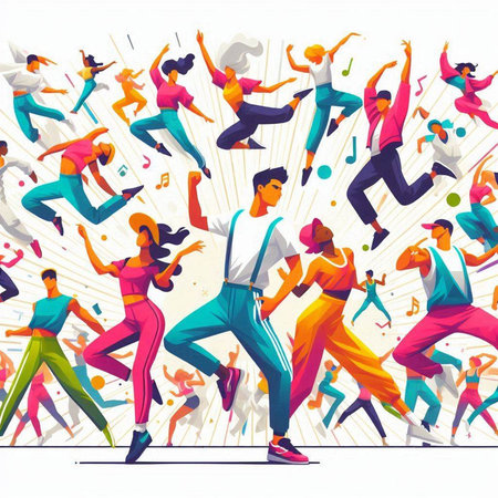 Dancing people. Group of young men and women dancing. Vector illustrationのイラスト素材