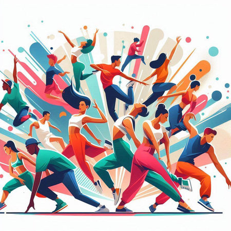 Group of young people dancing hip-hop. Colorful vector illustration.のイラスト素材