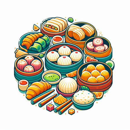 Colorful vector illustration of chinese food round composition with oriental elements.のイラスト素材