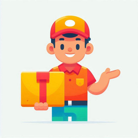 Delivery man holding a box. Vector illustration in flat cartoon style.のイラスト素材