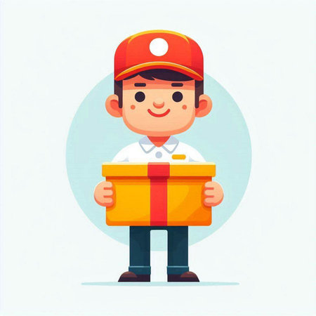 Cartoon delivery boy holding a big gift box. Vector illustration.のイラスト素材
