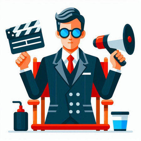 Cinema director with movie clapper board and megaphone. Vector illustration in cartoon styleのイラスト素材