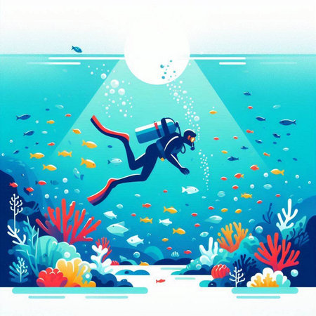 Scuba diving in the sea. Underwater world. Vector illustrationのイラスト素材