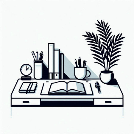 Book and office supplies on the table. Vector illustration in thin line style.のイラスト素材