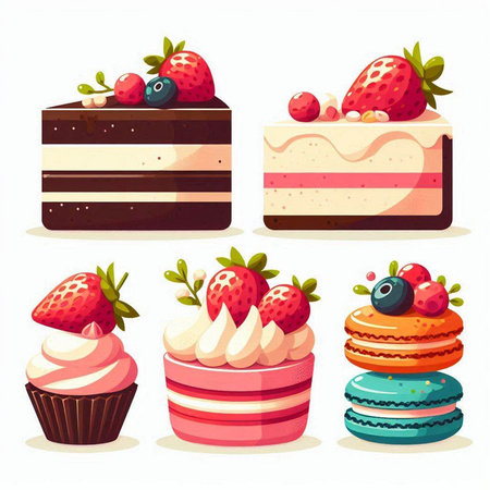 Set of delicious cakes with berries. Vector illustration in cartoon style.のイラスト素材