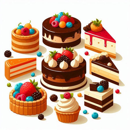 Illustration of a set of different types of cakes on a white backgroundのイラスト素材
