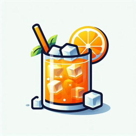 Cocktail with orange, ice and straw. Vector illustration.のイラスト素材
