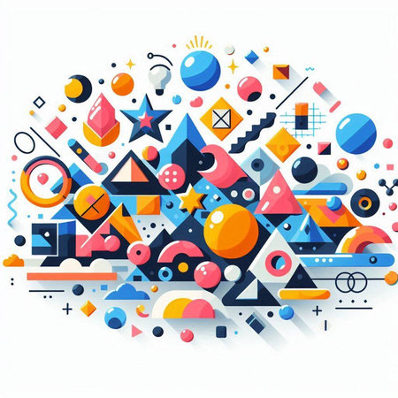 Colorful abstract geometric composition with circles, lines and figures. Vector illustration.のイラスト素材