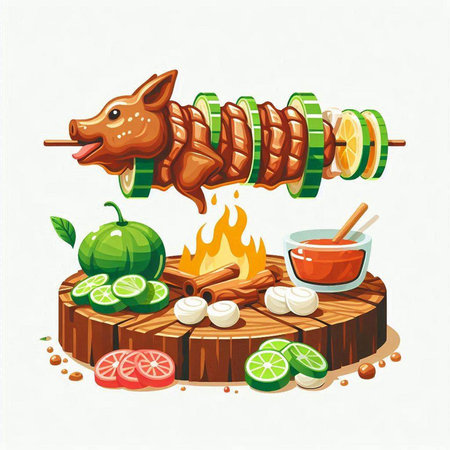 Illustration of a skewer with grilled meat on a wooden table.のイラスト素材