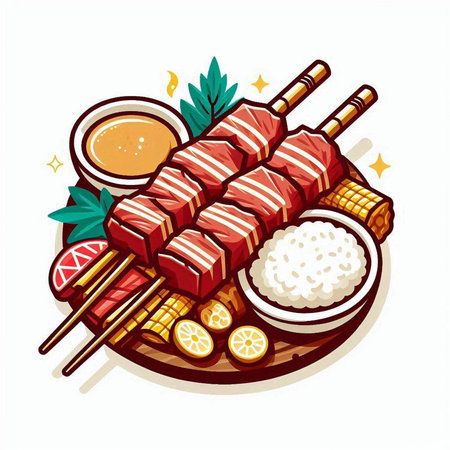 Illustration of a traditional Japanese barbecue with rice on a white backgroundのイラスト素材