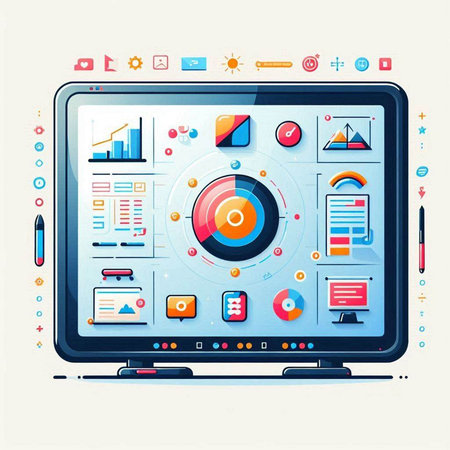 Laptop with infographics elements in flat style. Vector illustration.のイラスト素材