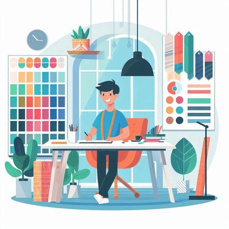 Designer in office flat vector illustration. Cartoon male character sitting at desk and working on new project. Creative process concept.のイラスト素材