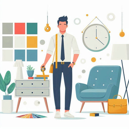Fashion designer man standing in modern room with armchair, clock, furniture and accessories. Vector illustrationのイラスト素材