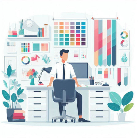 Vector illustration of a man working in office. Flat style design.のイラスト素材
