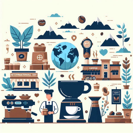 Coffee shop and cafe icons set in flat style. Vector illustrationのイラスト素材