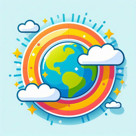 Vector illustration of Earth in flat style with clouds, sun and starsのイラスト素材
