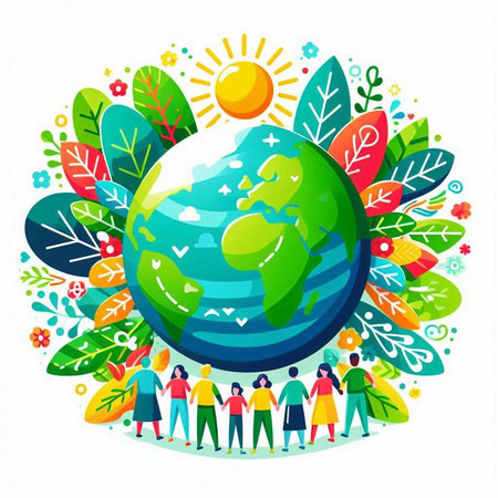 World Environment Day. Group of people standing around the globe. Flat vector illustration.のイラスト素材