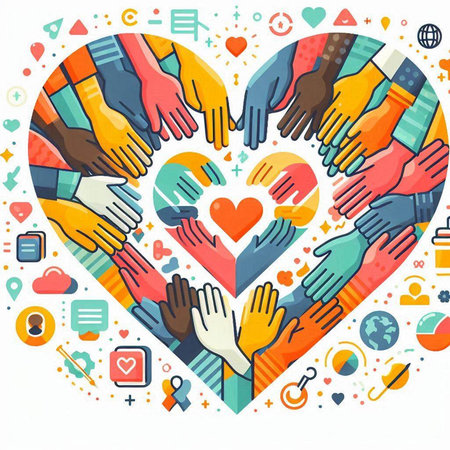 Vector illustration of people holding hands in heart shape on white background. Concept of help, charity and love.のイラスト素材