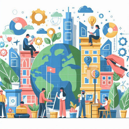 People around the world. Vector illustration in flat design style. Business people working in the city.のイラスト素材