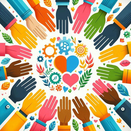 Teamwork Concept with Colorful Hands and Heart Shaped Symbolsのイラスト素材