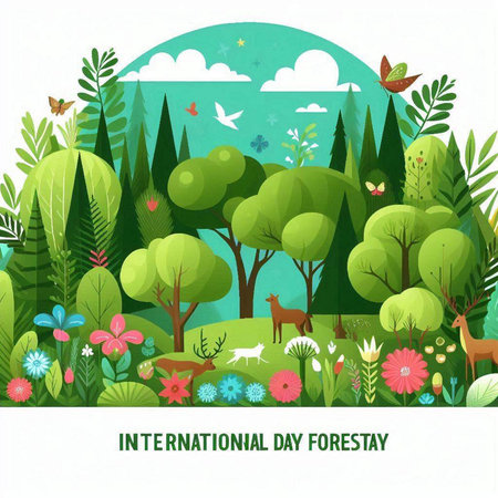 International Day of the Deers banner. Vector illustration with trees, flowers and butterflies.のイラスト素材