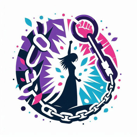 Silhouette of a woman chained to a key chain. Vector illustration.のイラスト素材