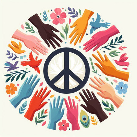 Hands with peace sign. Vector illustration in flat style. World peace day concept.のイラスト素材