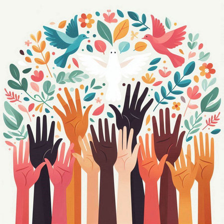 Hands of diverse people with a peace dove. Vector illustration.のイラスト素材