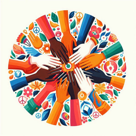 Group of hands together. Concept of unity, teamwork, partnership and cooperation. Vector illustration.のイラスト素材