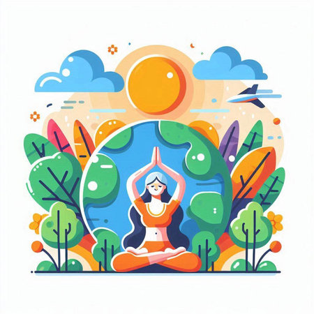 Vector illustration with yoga girl in lotus position on nature background.のイラスト素材