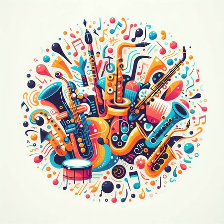 Colorful vector illustration of Musical instruments round composition, with copy spaceのイラスト素材
