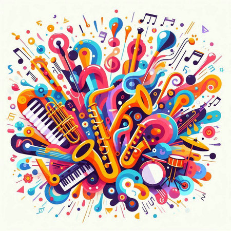 Music colorful background with musical instruments. Vector illustration for your design.のイラスト素材