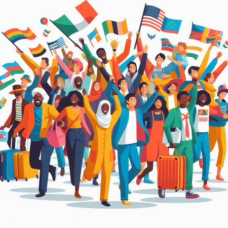 Group of diverse people with flags and suitcases. Vector illustration in cartoon styleのイラスト素材