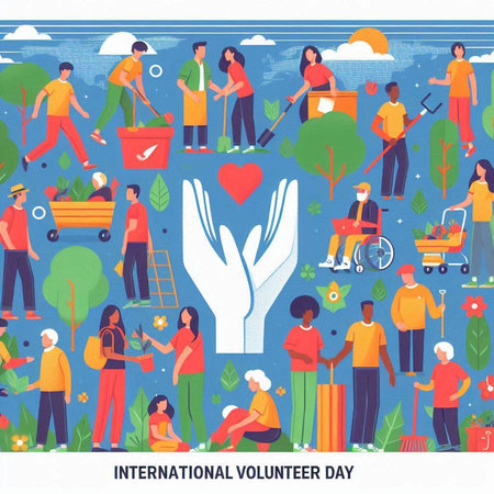 International Day of Volunteers. Vector illustration in flat cartoon style. Group of people planting trees and caring for the environment.のイラスト素材