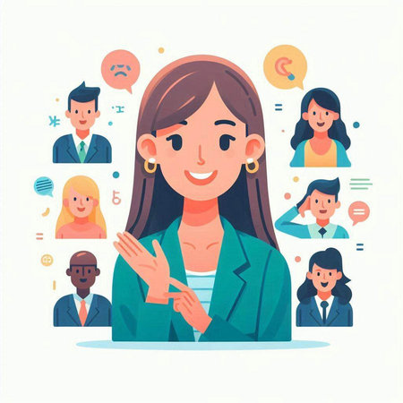 Business woman with group of people. Vector illustration in flat style.のイラスト素材