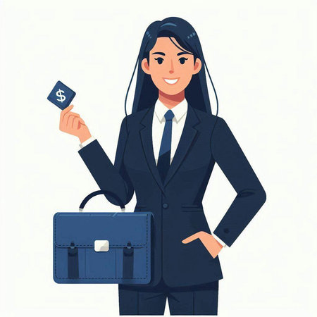 Young businesswoman with briefcase and credit card, vector illustration.のイラスト素材