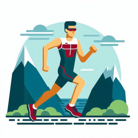 Running man. Athlete jogging in mountains. Flat style vector illustration.のイラスト素材