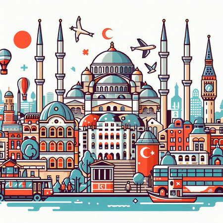 Cityscape of Istanbul, Turkey. Vector illustration in flat style.のイラスト素材