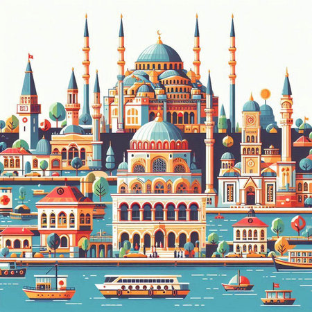 Sights of Istanbul. Seamless pattern with mosque and boats.のイラスト素材