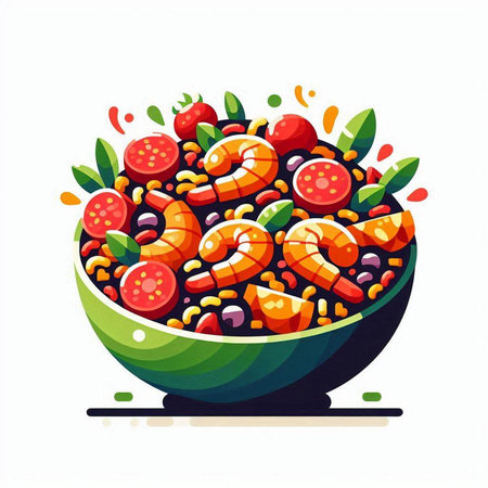 Salad with shrimps and vegetables in a bowl. Vector illustration.のイラスト素材