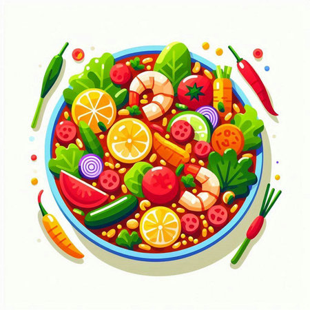 Vector illustration of a bowl of fresh vegetable salad with tomato, cucumber, carrot, onion, pepper and lemon.のイラスト素材