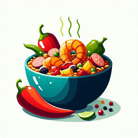 Vegetable salad with prawns in a bowl. Vector illustration.のイラスト素材