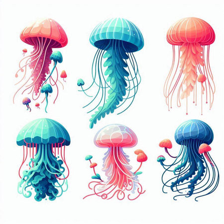 Set of jellyfishes isolated on white background. Vector illustration.のイラスト素材
