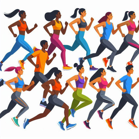 Group of running people, isolated on white background. Vector illustration.のイラスト素材